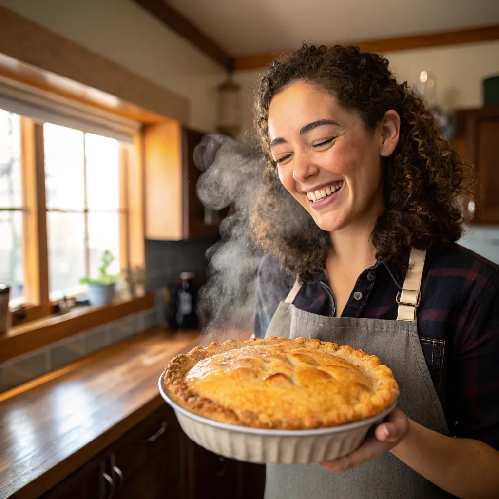 Happy customer smiling with freshly baked pie