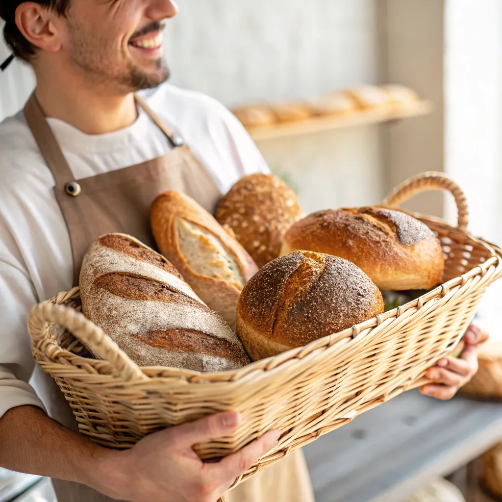 Baker holding a basket of fresh bread