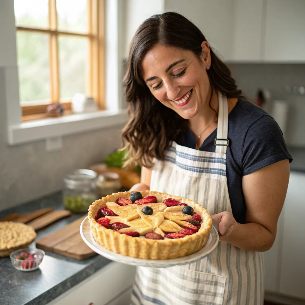 A happy customer showing off her pie creation